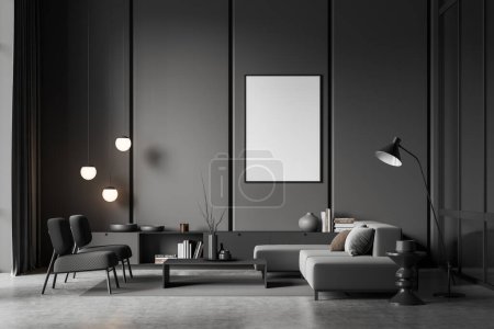 Photo for Dark living room interior with sofa and two armchairs, coffee table and shelf with decoration and lamp, carpet on grey concrete floor. Mock up canvas poster. 3D rendering - Royalty Free Image