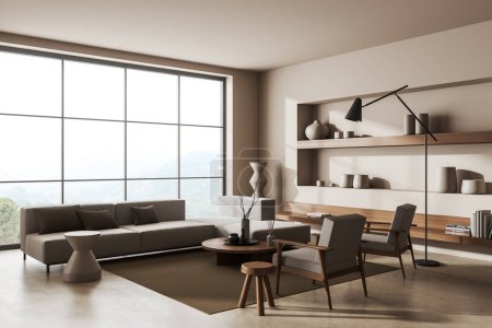 Photo for Corner view on bright living room interior with sofa, armchairs, panoramic window, shelves with crockery, white wall, concrete floor, carpet. Concept of minimalist design, modern art. 3d rendering - Royalty Free Image