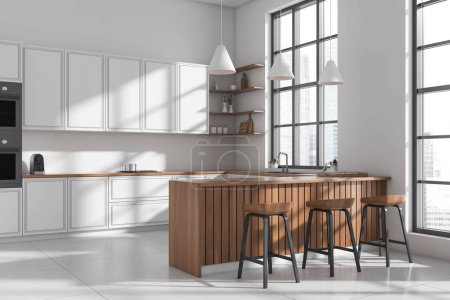 Photo for White kitchen interior with bar chairs and island, side view. Kitchenware on deck with accessories, cooking area with panoramic window on Singapore city view. 3D rendering - Royalty Free Image