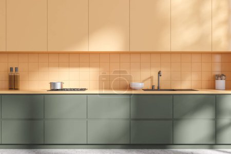 Foto de Interior luminoso de la cocina con fregadero y electrodomésticos, estufa y botella de aceite. Espacio de cocción con diseño oculto en suelo de hormigón gris, renderizado 3D - Imagen libre de derechos