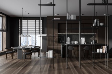 Photo for Dark kitchen interior with dining table, cooking area with bar island and kitchenware. Shelf partition with decor and books. Panoramic window on Singapore skyscrapers. 3D rendering - Royalty Free Image