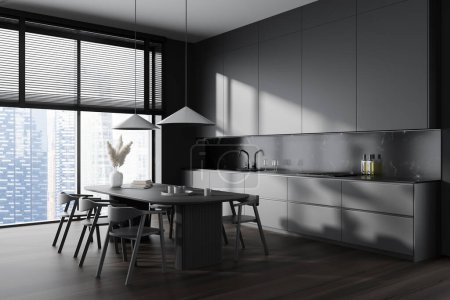 Photo for Dark kitchen interior with chairs and dining table, side view, hardwood floor. Eating area and panoramic window on Singapore skyscrapers. 3D rendering - Royalty Free Image