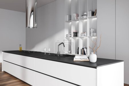 Photo for Luxury hotel kitchen interior with bar island, sink and kitchenware. Modern art decoration in shelf, side view. White concealed cooking corner design with hardwood floor. 3D rendering - Royalty Free Image