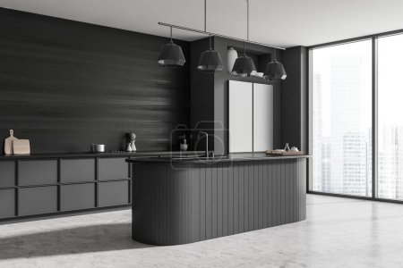 Photo for Dark kitchen interior with bar island and fridge with kitchenware, side view. Cooking corner with panoramic window on city view. 3D rendering - Royalty Free Image