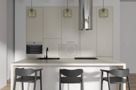 Photo for Front view on bright kitchen room interior with island, barstools, cupboard, white wall, oven, gas cooker, cooking inventory, oak wooden floor. Concept of minimalist design. 3d rendering - Royalty Free Image