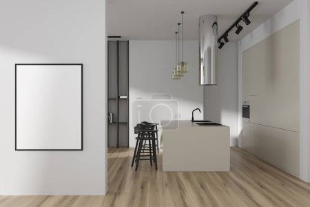 Photo for White kitchen interior with bar island and chairs on hardwood floor, shelf and decoration. Hidden design with hood, oven mounted. Mockup poster before entrance. 3D rendering - Royalty Free Image