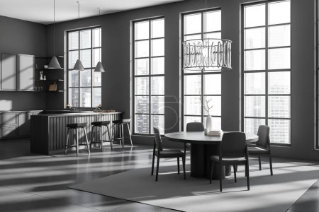 Foto de Interior de la cocina oscura con mesa y sillas, vista lateral, zona de cocina con isla de bar y utensilios de cocina. Ventana panorámica de los rascacielos de Singapur. Renderizado 3D - Imagen libre de derechos