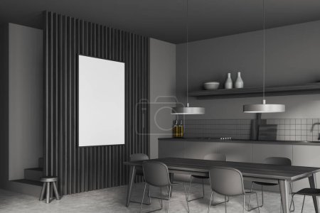 Téléchargez les photos : Intérieur de cuisine sombre avec chaises et table à manger, vue latérale, sol en béton gris. Ustensiles de cuisine minimalistes dans la zone de cuisson. Affiche maquette sur cloison en bois. rendu 3D - en image libre de droit
