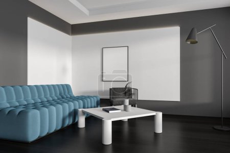 Photo for Dark living room interior with sofa, armchair and coffee table with decoration, side view on hardwood floor. Mock up blank poster. 3D rendering - Royalty Free Image