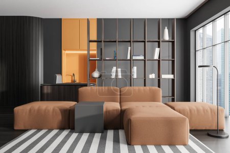 Photo for Dark studio interior, sofa and shelf partition with decoration. Cooking area with bar countertop and panoramic window on skyscrapers. 3D rendering - Royalty Free Image