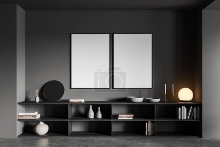 Téléchargez les photos : Salon intérieur moderne avec étagère et décoration d'art, sol en béton gris. Deux maquettes d'affiche sur un mur gris. rendu 3D - en image libre de droit