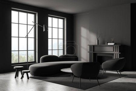 Photo for Dark meeting room interior with sofa and two armchairs, side view, fireplace and minimalist decoration, carpet on grey concrete floor. Panoramic window on countryside. 3D rendering - Royalty Free Image