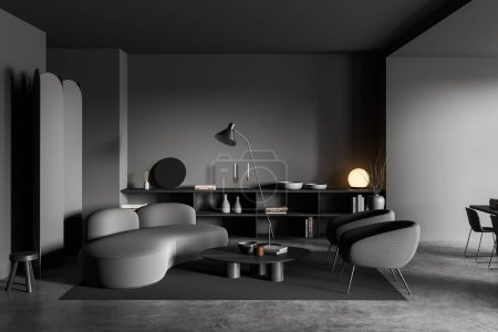 Photo for Dark meeting room interior with sofa and two armchairs, coffee table on carpet, drawer and shelf with modern decoration on grey concrete floor. 3D rendering - Royalty Free Image