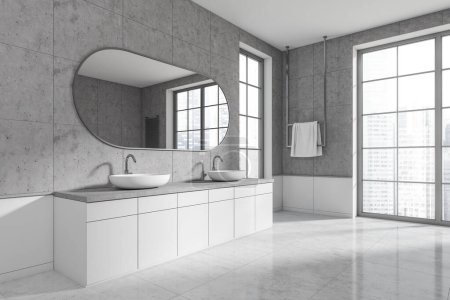 Photo for Light bathroom interior with double sink and mirror, side view. Towel rail in the corner, light tile concrete floor. Panoramic window on Singapore city view. 3D rendering - Royalty Free Image