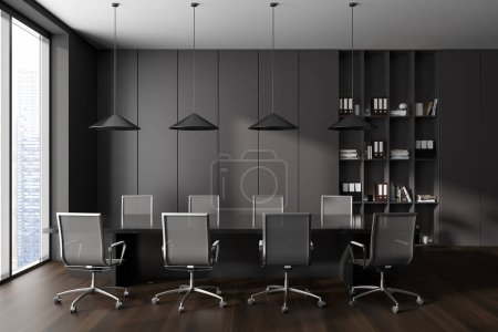 Photo for Dark conference room interior with board and armchairs, hardwood floor. Office documents and decoration, panoramic window on Singapore. 3D rendering - Royalty Free Image