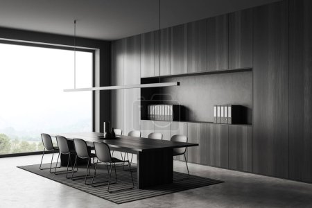 Photo for Dark business room interior with board and chairs on carpet, side view grey concrete floor. Stylish conference room with cabinet and panoramic window on countryside. 3D rendering - Royalty Free Image