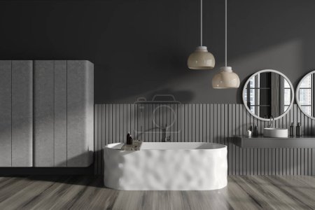 Photo for Dark hotel bathroom interior with bathtub and sink, hardwood floor. Bathing area with accessories and lamps, panoramic window. 3D rendering - Royalty Free Image