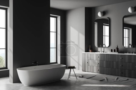 Photo for Dark bathroom interior with bathtub, side view, double sink and dresser with accessories. Panoramic window on countryside view. Mockup copy space wall. 3D rendering - Royalty Free Image