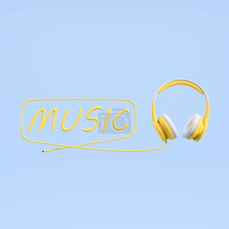 Foto de Auriculares amarillos y letras musicales con alambre sobre fondo azul. Concepto de canciones y lista de reproducción. Renderizado 3D - Imagen libre de derechos