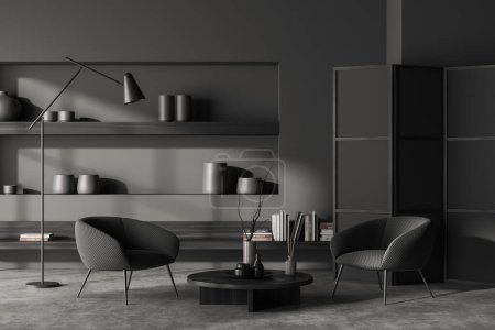 Foto de Interior oscuro de la sala de reuniones con dos sillones y mesa de centro, cajón y estante con decoración minimalista y divisor de habitaciones. Renderizado 3D - Imagen libre de derechos