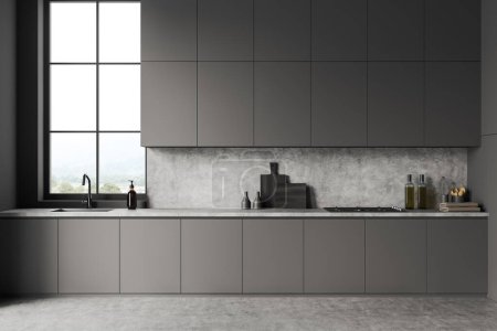 Photo for Dark kitchen interior with sink and stove, dresser with kitchenware on grey concrete floor. Panoramic window on countryside. 3D rendering - Royalty Free Image