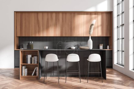 Foto de Interior de la cocina blanca con sillas de bar y la isla, piso de madera. Menaje de cocina con decoración minimalista, ventana panorámica a la vista de la ciudad. Renderizado 3D - Imagen libre de derechos