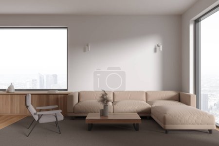 Photo for Interior of modern living room with white walls, wooden floor, comfortable beige couch, gray armchair, wooden dresser and square coffee table. 3d rendering, copy space wall - Royalty Free Image