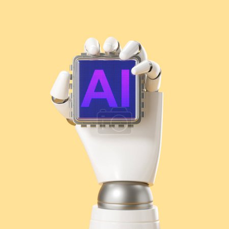 Téléchargez les photos : Main de robot blanc et argent tenant AI puce intelligence artificielle sur fond jaune. Concept d'apprentissage automatique et de réseau neuronal. Rendu 3d - en image libre de droit