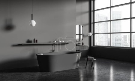 Foto de Interior del cuarto de baño oscuro con bañera y lavabo detrás de la partición, vista lateral. Accesorios de baño minimalistas en estante y taburete, ventana panorámica en rascacielos. Renderizado 3D - Imagen libre de derechos