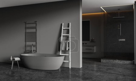 Téléchargez les photos : Gris élégant intérieur de salle de bain de l'hôtel avec baignoire, lavabo vue latérale avec vanité et douche en verre derrière cloison. Espace de bain avec accessoires et design élégant. rendu 3D - en image libre de droit