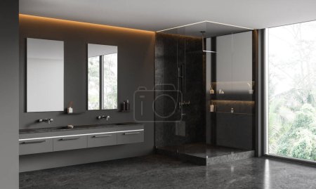 Photo for Corner of stylish bathroom with gray walls, stone floor, comfortable shower stall with glass walls, double sink with two vertical mirrors and big window with tropical view. 3d rendering - Royalty Free Image