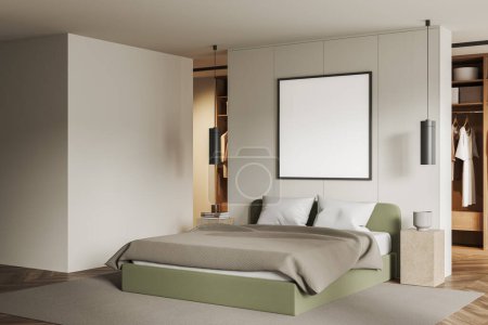 Photo for Interior of modern bedroom with white walls, wooden floor, comfortable green king size bed and spacious walk in closet behind it. Square mock up poster above bed. 3d rendering - Royalty Free Image