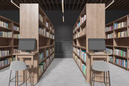 Photo for Modern public library interior bookshelves with books, pc computer on desk with stool on grey concrete floor. Learning, educational space or bookstore modern design. 3D rendering - Royalty Free Image