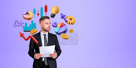 Photo for Businessman portrait with business contract in hands, colorful graph and candlestick icons on empty copy space purple background. Concept of financial research and development - Royalty Free Image