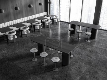 Foto de Vista superior del interior del restaurante con taburete de bar y mesa de madera en fila. Café o bar comedor con muebles minimalistas y ventana panorámica en rascacielos. Renderizado 3D - Imagen libre de derechos