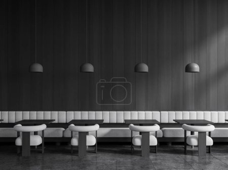 Téléchargez les photos : Intérieur restaurant noir avec chaises et table en rangée, sol en béton carrelé foncé. Canapé blanc le long du mur dans une élégante zone de réunion et de restauration, bar et café design. rendu 3D - en image libre de droit