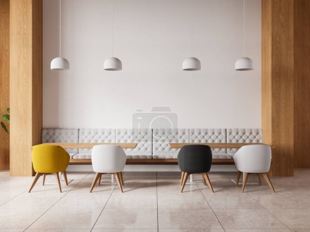 Téléchargez les photos : Élégant restaurant intérieur avec chaises colorées et table en bois, sol en béton carrelage beige. Canapé le long du mur dans un espace de salle à manger et de réunion confortable avec des meubles minimalistes. rendu 3D - en image libre de droit
