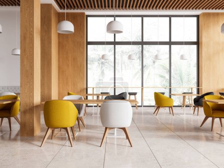 Téléchargez les photos : Restaurant intérieur minimaliste avec chaises colorées et table en bois, sol carrelage béton beige. Espace à manger élégant avec un mobilier moderne et une fenêtre panoramique. rendu 3D - en image libre de droit