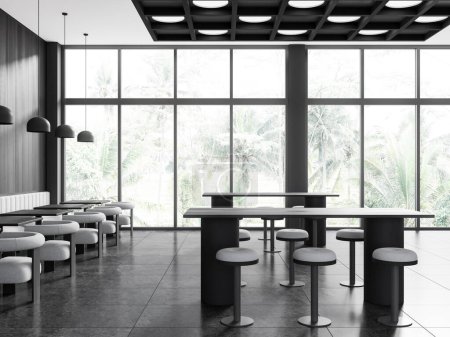 Foto de Interior minimalista del restaurante con mesa y taburete en fila, suelo de baldosas de hormigón gris. Restaurante comedor con muebles modernos y ventana panorámica a los trópicos. Renderizado 3D - Imagen libre de derechos