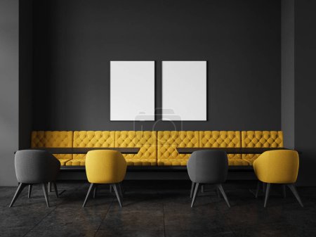 Foto de Interior de restaurante de lujo oscuro con sillones y mesa, piso de hormigón azulejo negro. Sofá amarillo a lo largo de la pared en la zona de comedor con carteles de lona simulada en fila. Renderizado 3D - Imagen libre de derechos