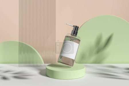 Téléchargez les photos : Flying bouteille de savon avec distributeur, podium cylindre vert sur fond abstrait beige et vert. Concept de cosmétiques et de soins de la peau. Maquette pour l'affichage du produit. Illustration de rendu 3D - en image libre de droit