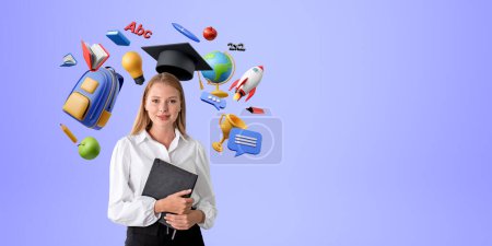 Photo for Young business woman student with graduation cap and diploma, diverse education icons with books and rocket flying on empty purple background. Concept of studies, degree and career development - Royalty Free Image