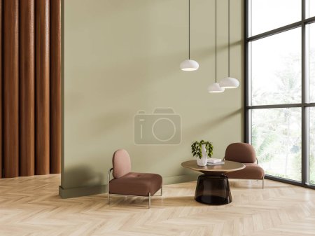 Foto de Interior de la moderna sala de estar con paredes de madera y verde claro, suelo de madera, dos cómodos sillones marrones de pie cerca de la mesa de café redonda y gran ventana. renderizado 3d - Imagen libre de derechos