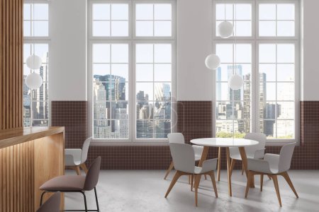 Foto de Interior de la cafetería moderna con barra de bar, taburete y mesa de comedor redonda con sillas, suelo de hormigón gris. Elegante espacio para comer con ventana panorámica en los rascacielos de Nueva York. Renderizado 3D - Imagen libre de derechos