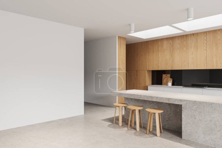 Photo for Corner of modern kitchen with white walls, concrete floor, comfortable wooden cabinets and cupboards, massive stone island with wooden chairs and blank copy space wall on the left. 3d rendering - Royalty Free Image