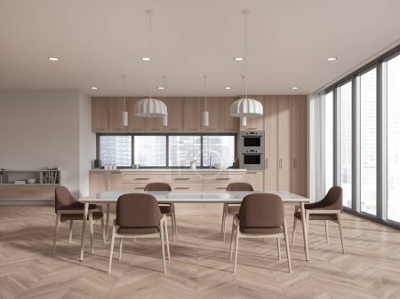 Foto de Interior de cocina de madera de diseño moderno con mesa y sillas, ventana con vista y luz natural. Renderizado 3D. - Imagen libre de derechos