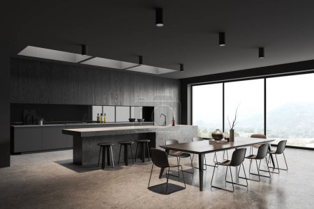 Photo for Corner of stylish kitchen with gray walls, concrete floor, dark wooden cabinets and cupboards, massive stone island and long dining table with chairs. 3d rendering - Royalty Free Image