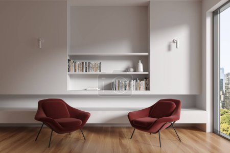 Photo for Interior of modern minimalistic living room with white walls, wooden floor, two comfortable dark red armchairs standing near window and white bookshelves. 3d rendering - Royalty Free Image
