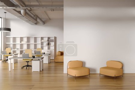 Photo for White coworking loft interior with table and armchairs in row, shelf with books. Training class with colored soft place. Mock up empty white wall partition. 3D rendering - Royalty Free Image