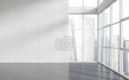 Photo for Interior of modern office hall with blank white copy space walls, concrete floor and big windows with cityscape. Concept of real estate and advertising. 3d rendering - Royalty Free Image